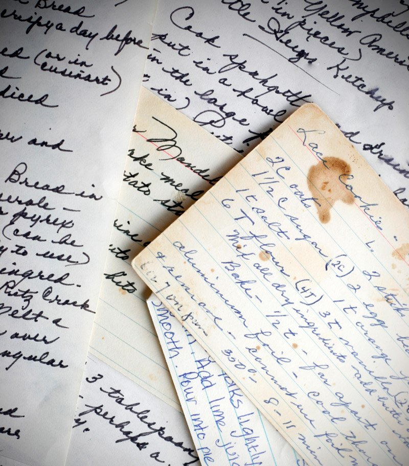 Old family recipes lay on a flat surface. 
