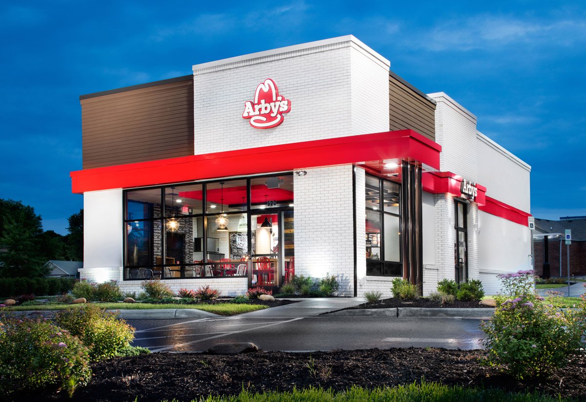 The exterior of an Arby's fast food restaurant.